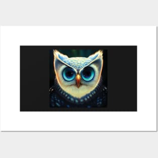 Owl Face with Big Blue Eyes Posters and Art